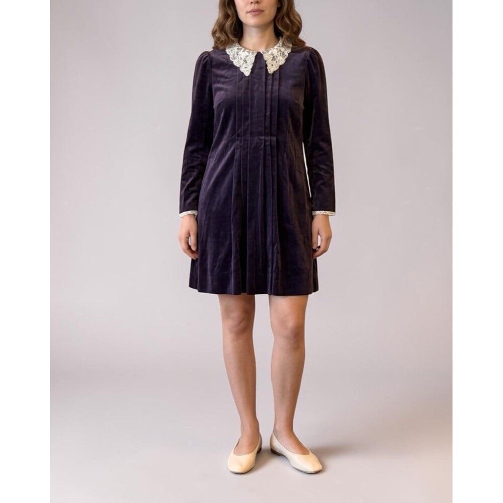 VTG NANTUCKET Eggplant Velvet Lace Knee Length Pleated Dress Victorian RARE!!